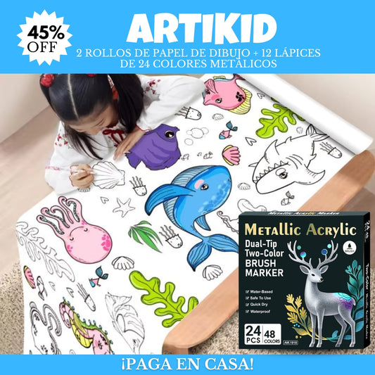 2x1 ROLLOS DE PAPEL DE DIBUJO MARINO + 12 LÁPICES DE 24 COLORES METÁLICOS🎁 | ARTIKID™